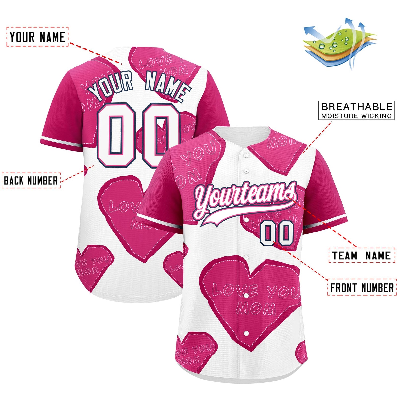 Custom White Pink Mother's Day Style Graffiti Pattern Stretch Fabric Baseball Jersey| KXKSHOP