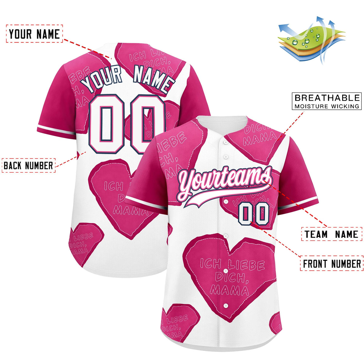 Custom White Pink Mother's Day Style Graffiti Pattern Stretch Fabric Baseball Jersey| KXKSHOP