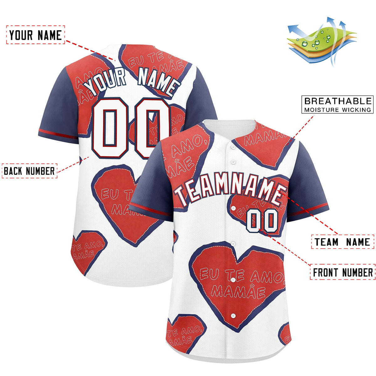 Custom White Red Midnight Blue Mother's Day Style Graffiti Pattern Quick Dry Baseball Jersey| KXKSHOP