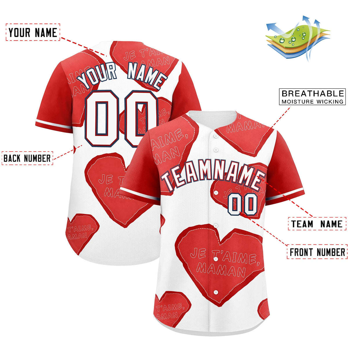 Custom White Red Mother's Day Style Graffiti Pattern Moisture-Wicking Baseball Jersey| KXKSHOP