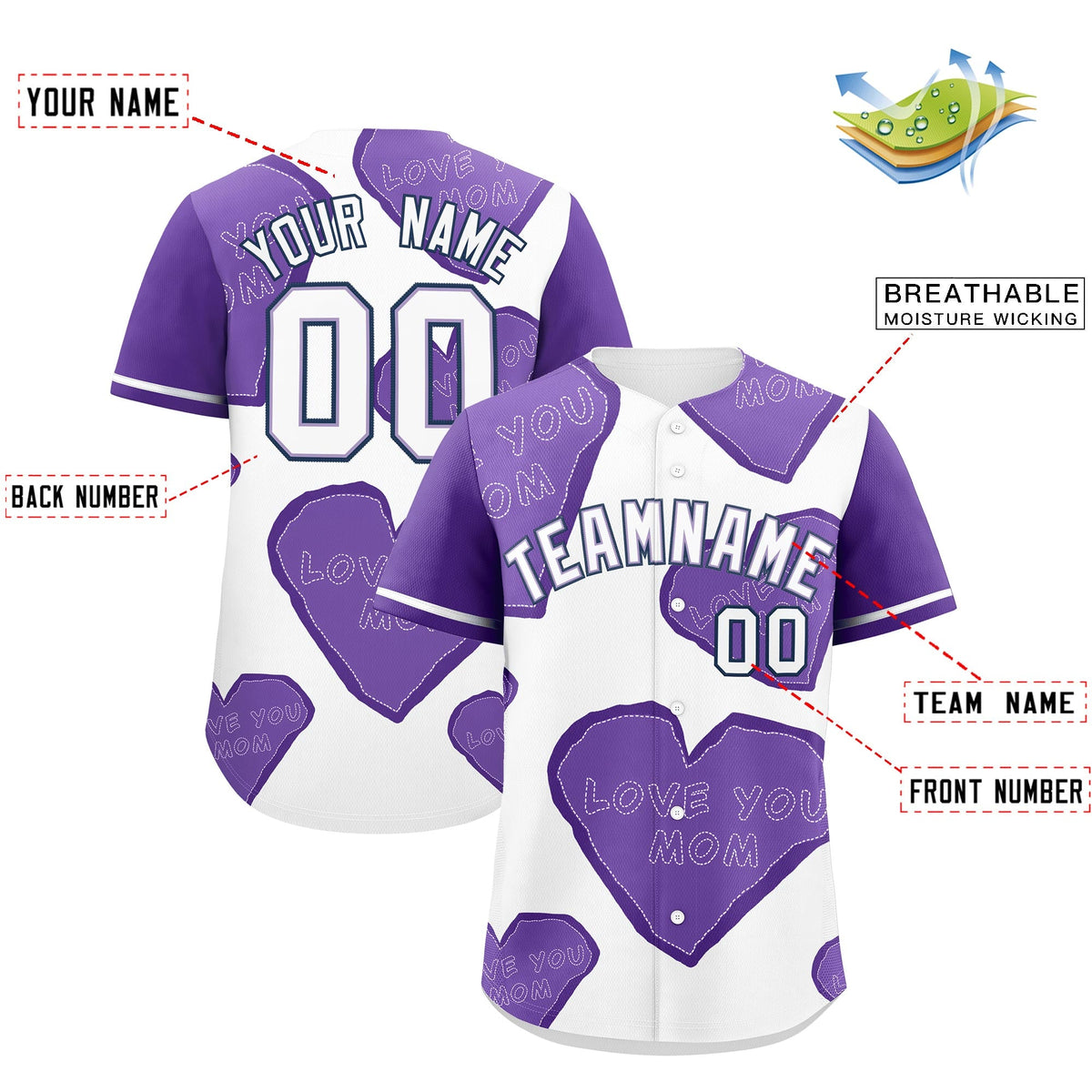 Custom White Midnight Blue Light Purple Mother's Day Style Graffiti Pattern Stretch Fabric Baseball Jersey| KXKSHOP