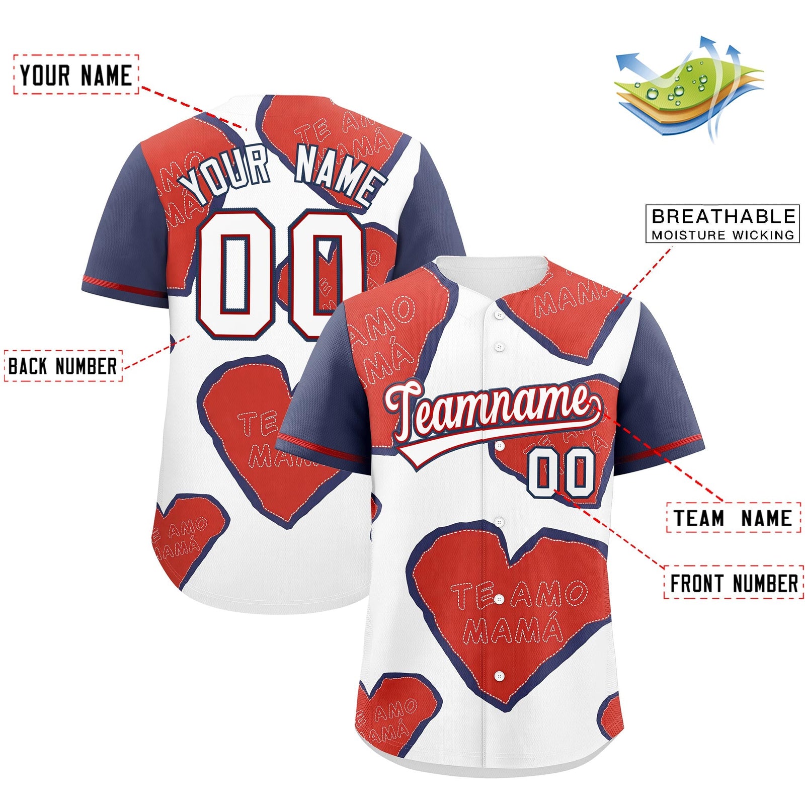 Custom White Red Midnight Blue Mother's Day Style Graffiti Pattern Quick Dry Baseball Jersey| KXKSHOP