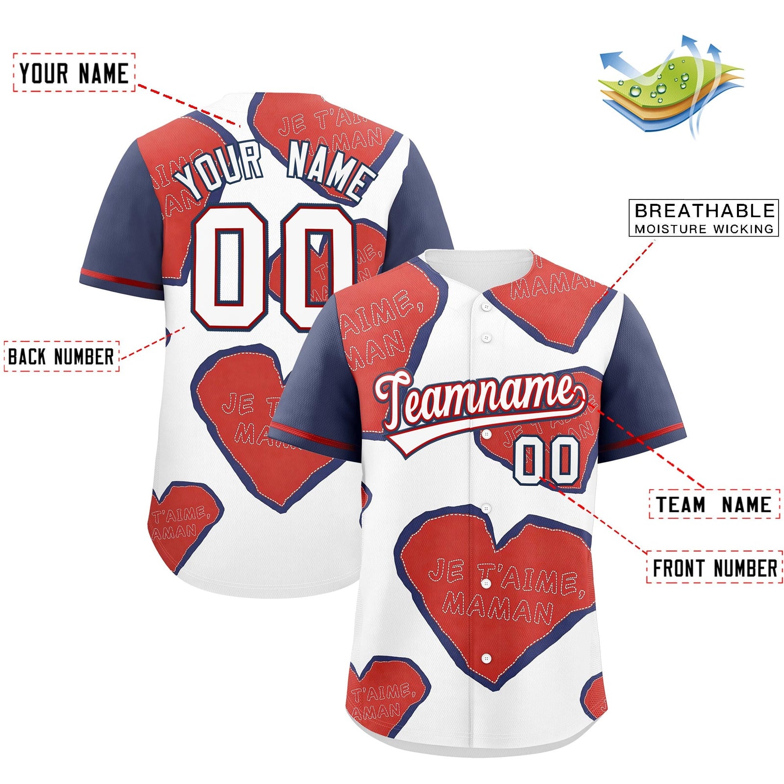 Custom White Red Midnight Blue Mother's Day Style Graffiti Pattern Moisture-Wicking Baseball Jersey| KXKSHOP
