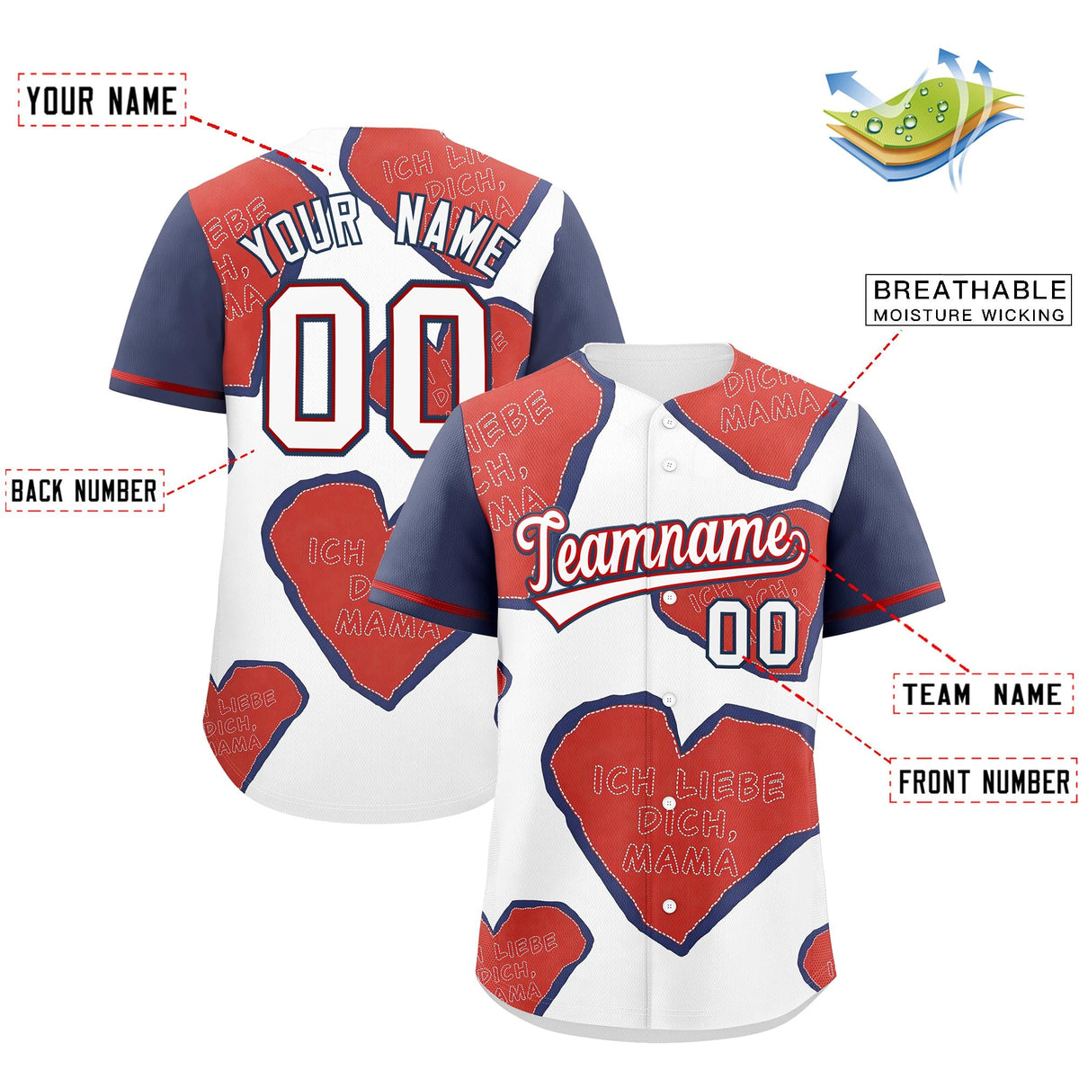 Custom White Red Midnight Blue Mother's Day Style Graffiti Pattern Stretch Fabric Baseball Jersey| KXKSHOP