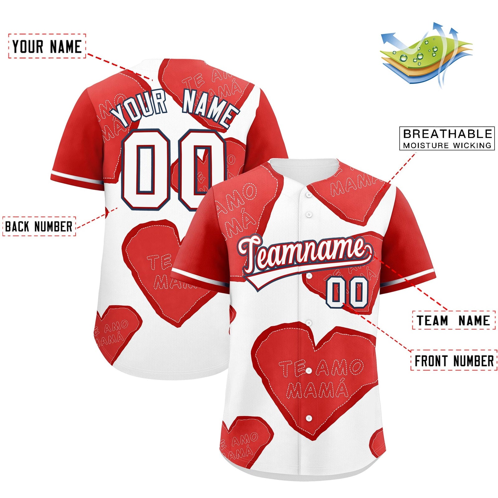 Custom White Red Mother's Day Style Graffiti Pattern Quick Dry Baseball Jersey| KXKSHOP