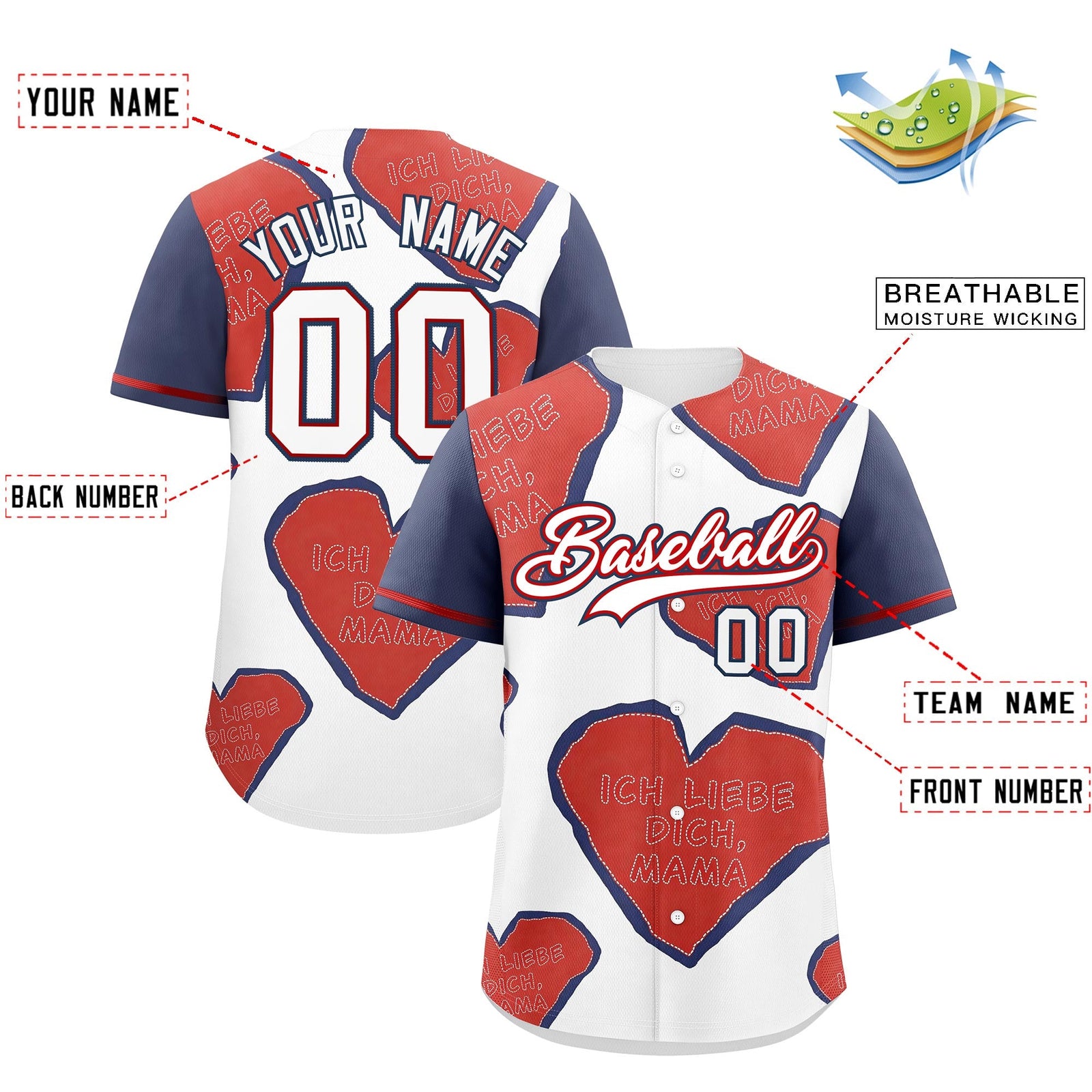Custom White Red Midnight Blue Mother's Day Style Graffiti Pattern Stretch Fabric Baseball Jersey| KXKSHOP