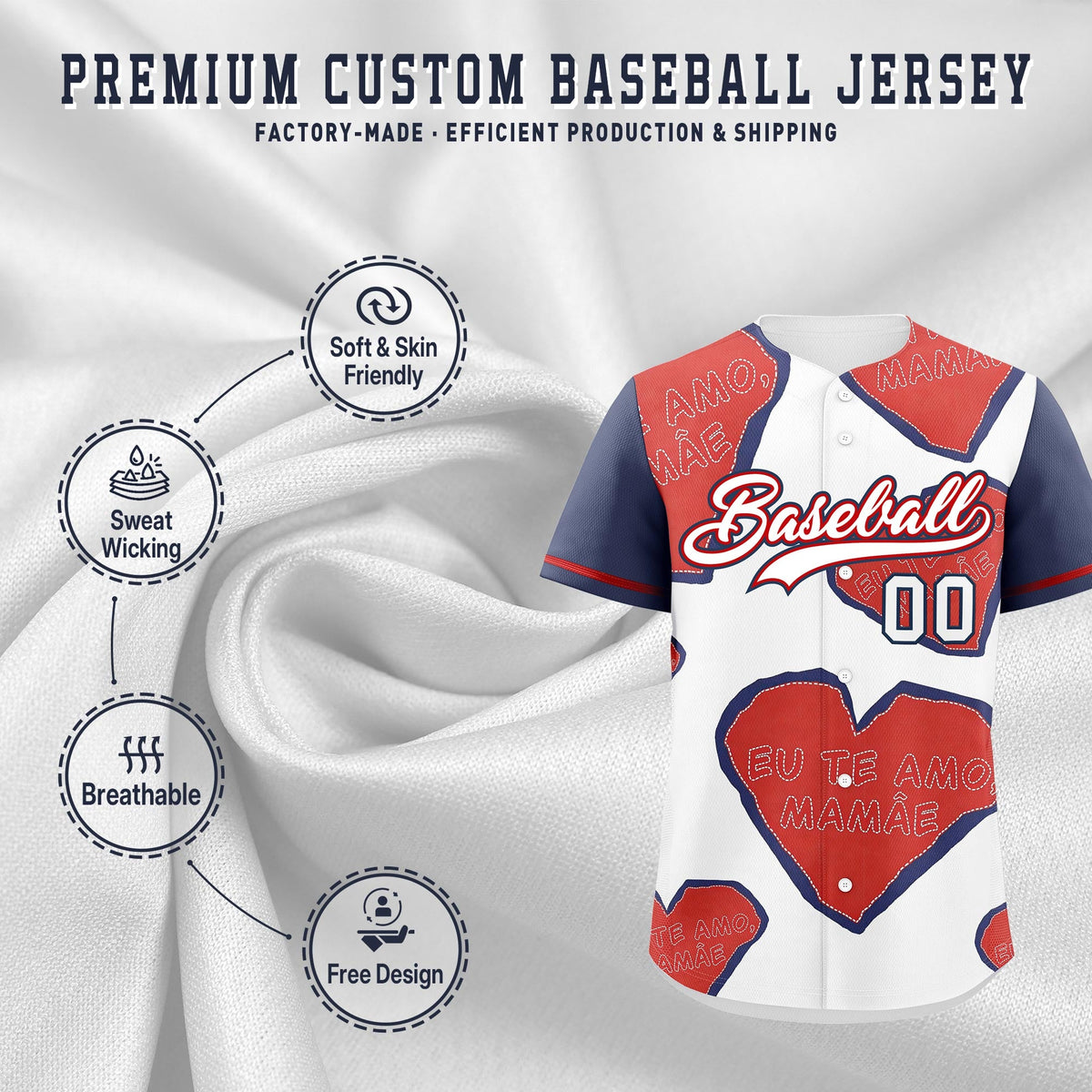 Custom White Red Midnight Blue Mother's Day Style Graffiti Pattern Quick Dry Baseball Jersey| KXKSHOP