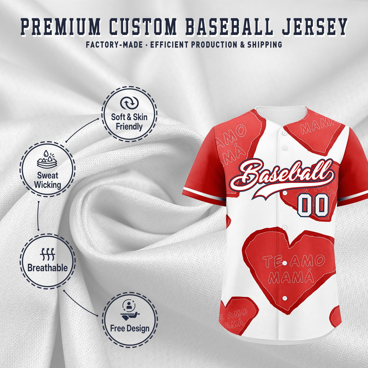 Custom White Red Mother's Day Style Graffiti Pattern Quick Dry Baseball Jersey| KXKSHOP