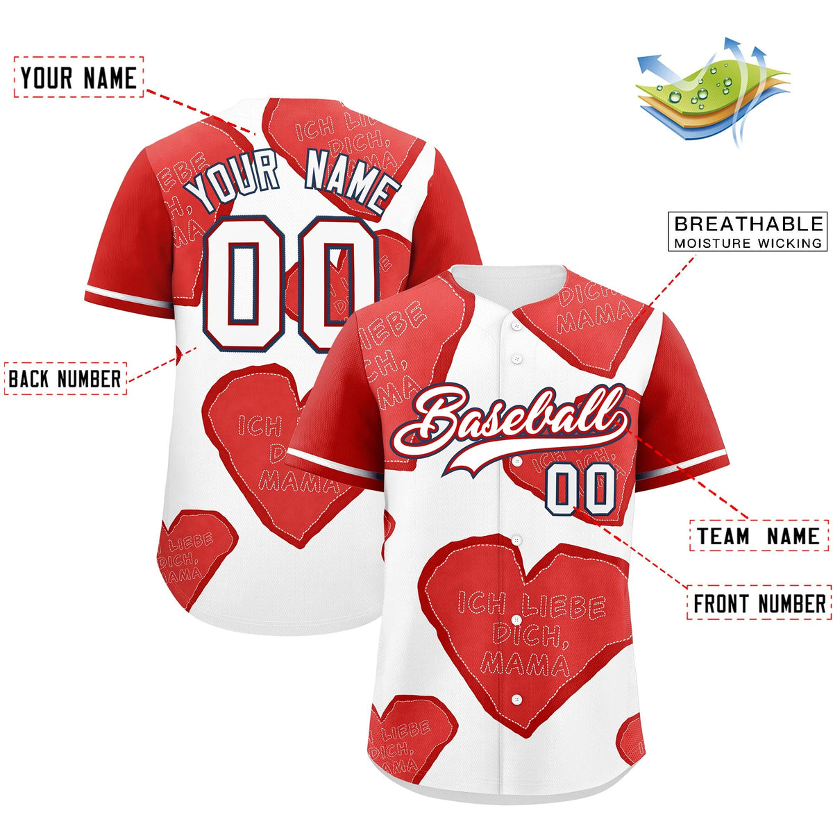 Custom White Red Mother's Day Style Graffiti Pattern Stretch Fabric Baseball Jersey| KXKSHOP