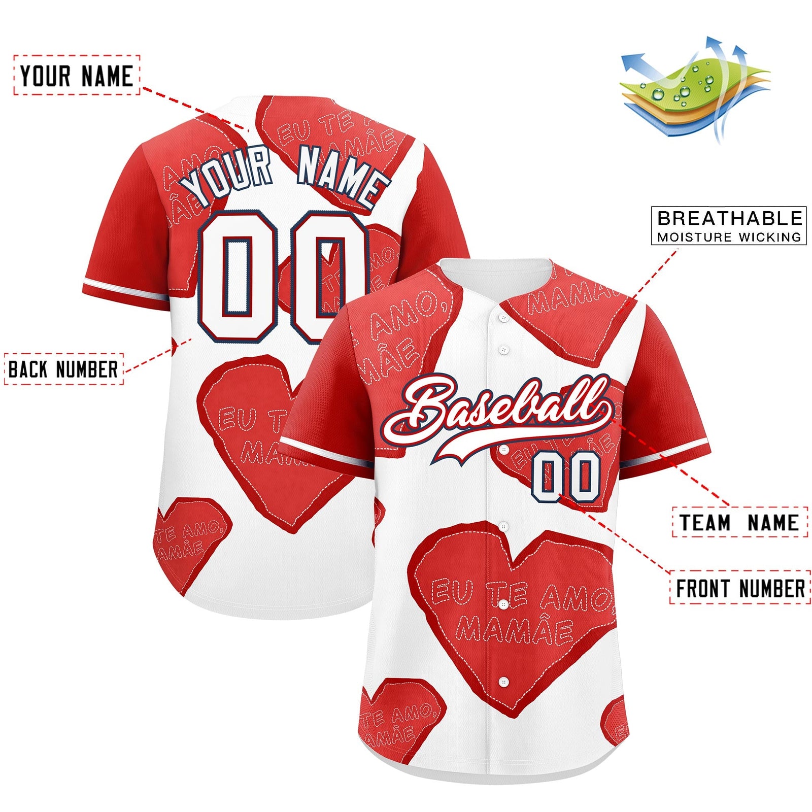 Custom White Red Mother's Day Style Graffiti Pattern Quick Dry Baseball Jersey| KXKSHOP