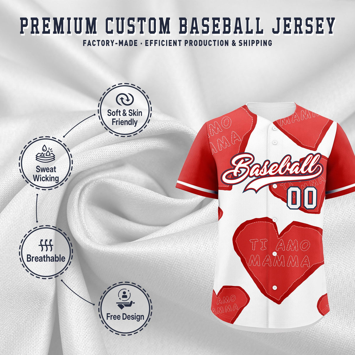 Custom White Red Mother's Day Style Graffiti Pattern Moisture-Wicking Baseball Jersey| KXKSHOP