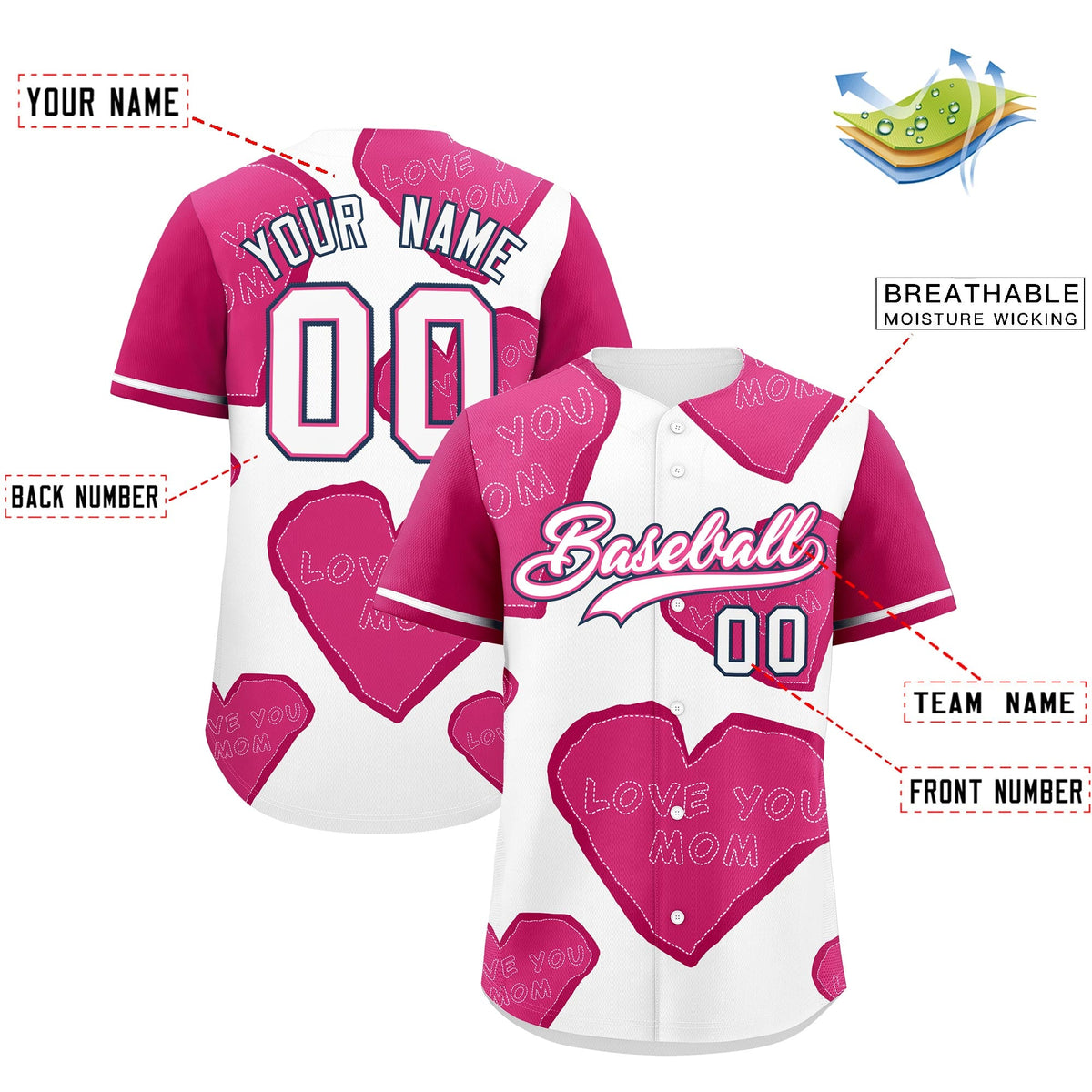 Custom White Pink Mother's Day Style Graffiti Pattern Stretch Fabric Baseball Jersey| KXKSHOP