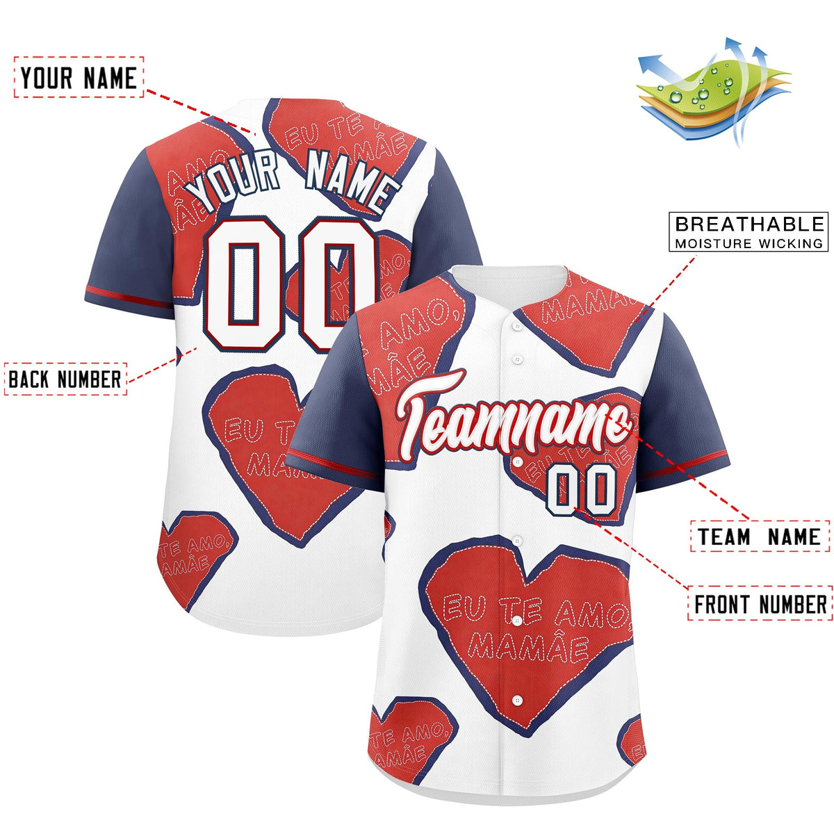 Custom White Red Midnight Blue Mother's Day Style Graffiti Pattern Quick Dry Baseball Jersey| KXKSHOP