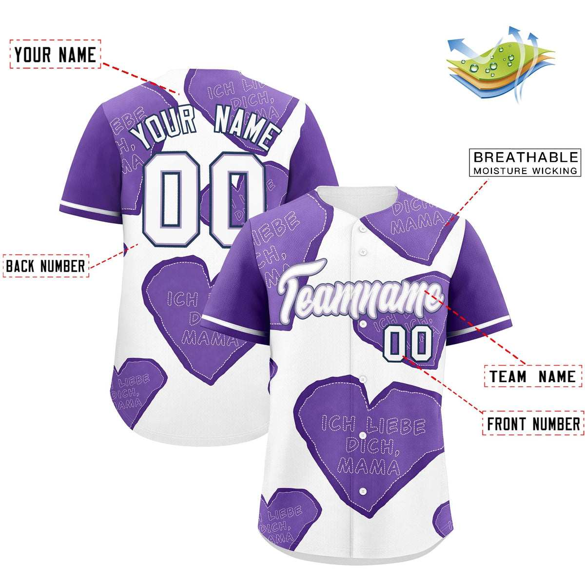 Custom White Light Purple Mother's Day Style Graffiti Pattern Stretch Fabric Baseball Jersey| KXKSHOP