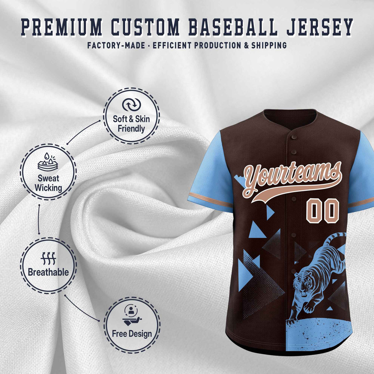 Custom Powder Blue Brown Raptor Series Raglan Sleeves Drapable Baseball Jersey