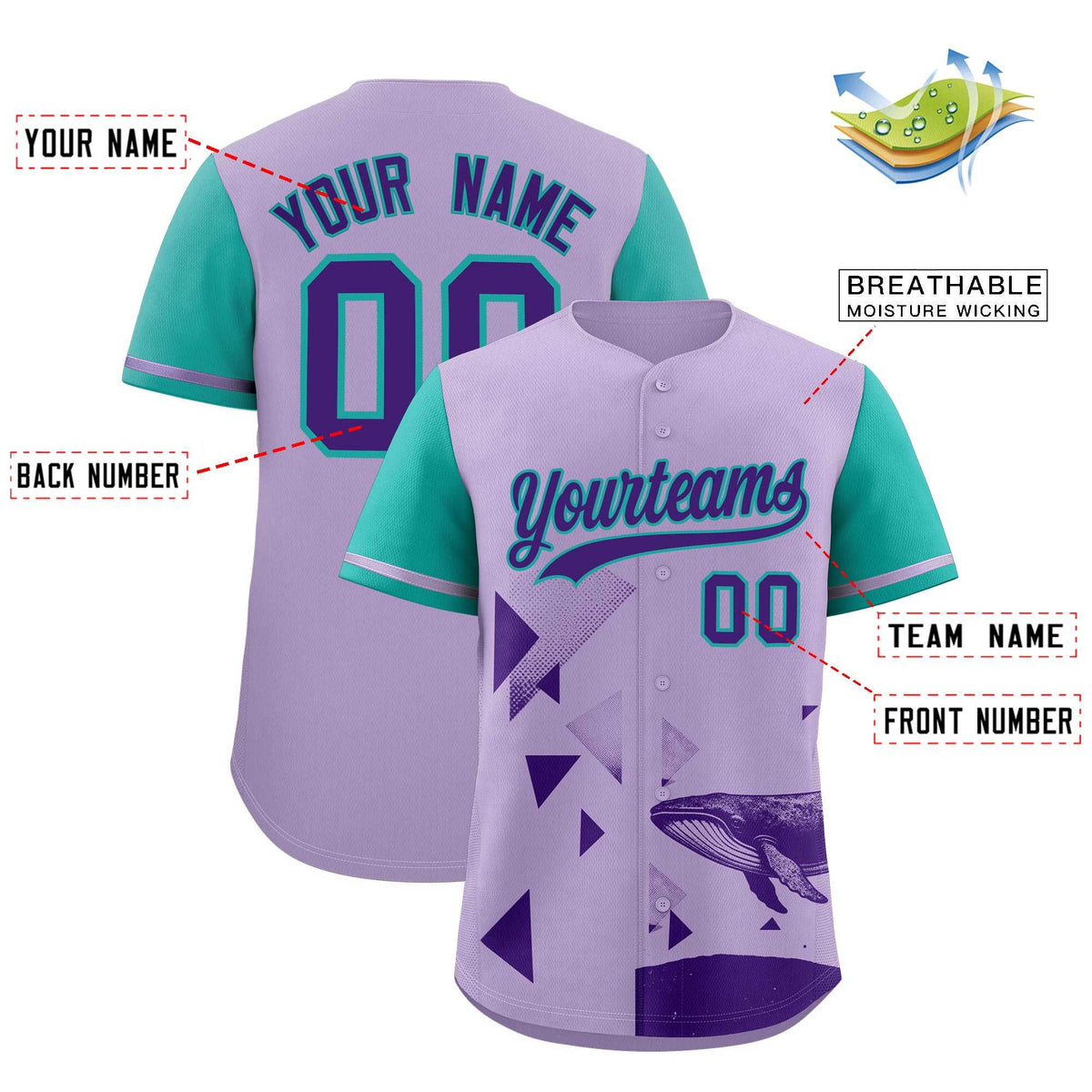 Custom Aqua Light Purple Raptor Series Raglan Sleeves Lightweight Baseball Jersey