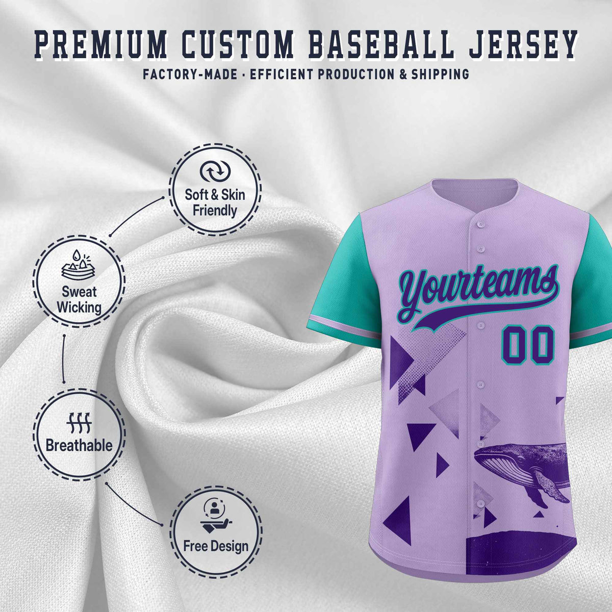 Custom Aqua Light Purple Raptor Series Raglan Sleeves Lightweight Baseball Jersey