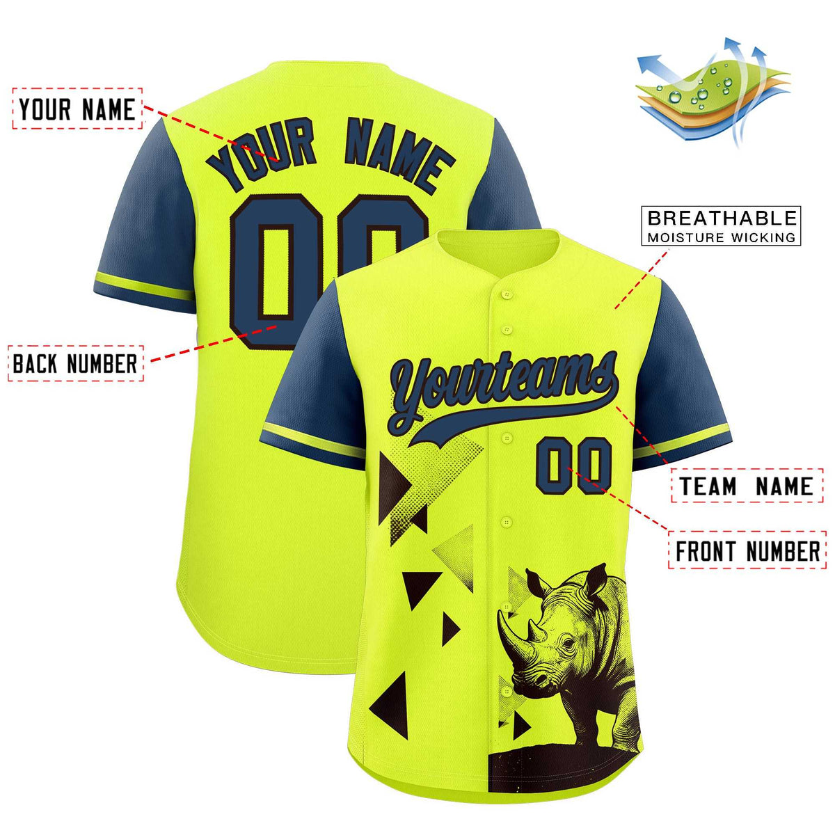 Custom Midnight Blue Fluorescent Green Raptor Series Raglan Sleeves Hip Hop Baseball Jersey