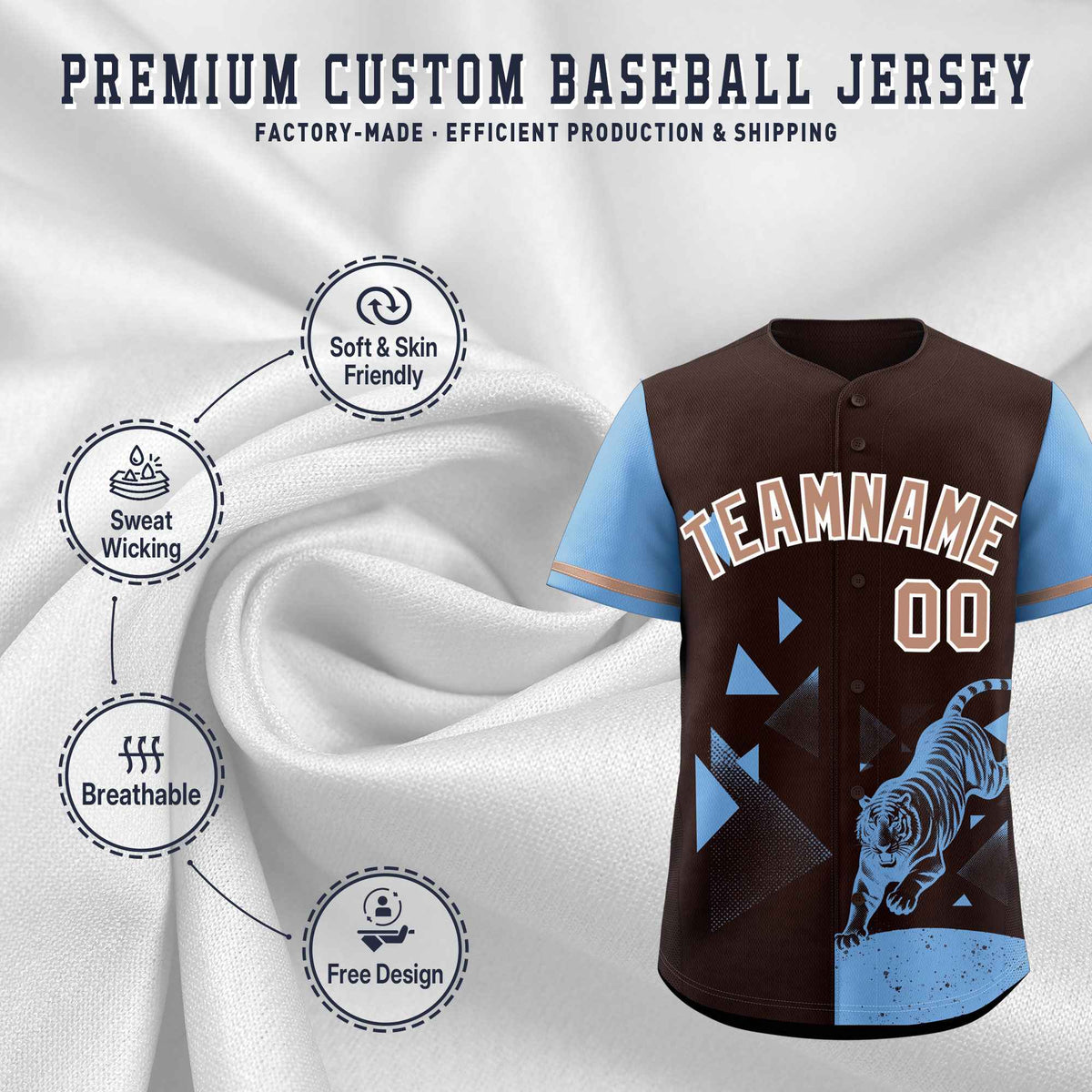 Custom Powder Blue Brown Raptor Series Raglan Sleeves Drapable Baseball Jersey