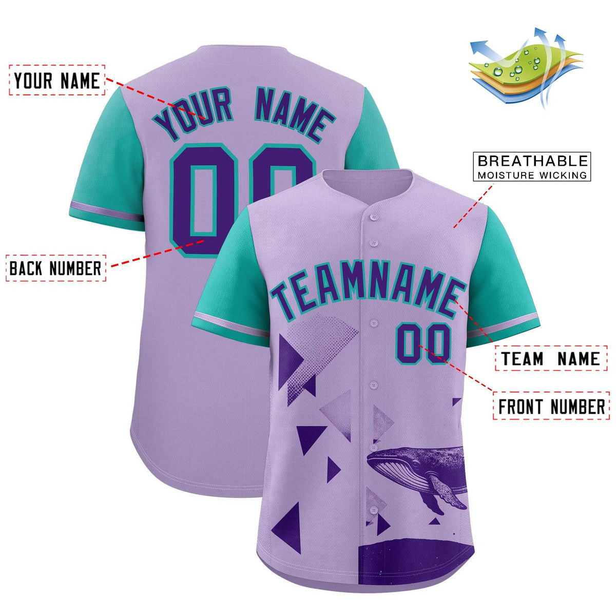 Custom Aqua Light Purple Raptor Series Raglan Sleeves Lightweight Baseball Jersey