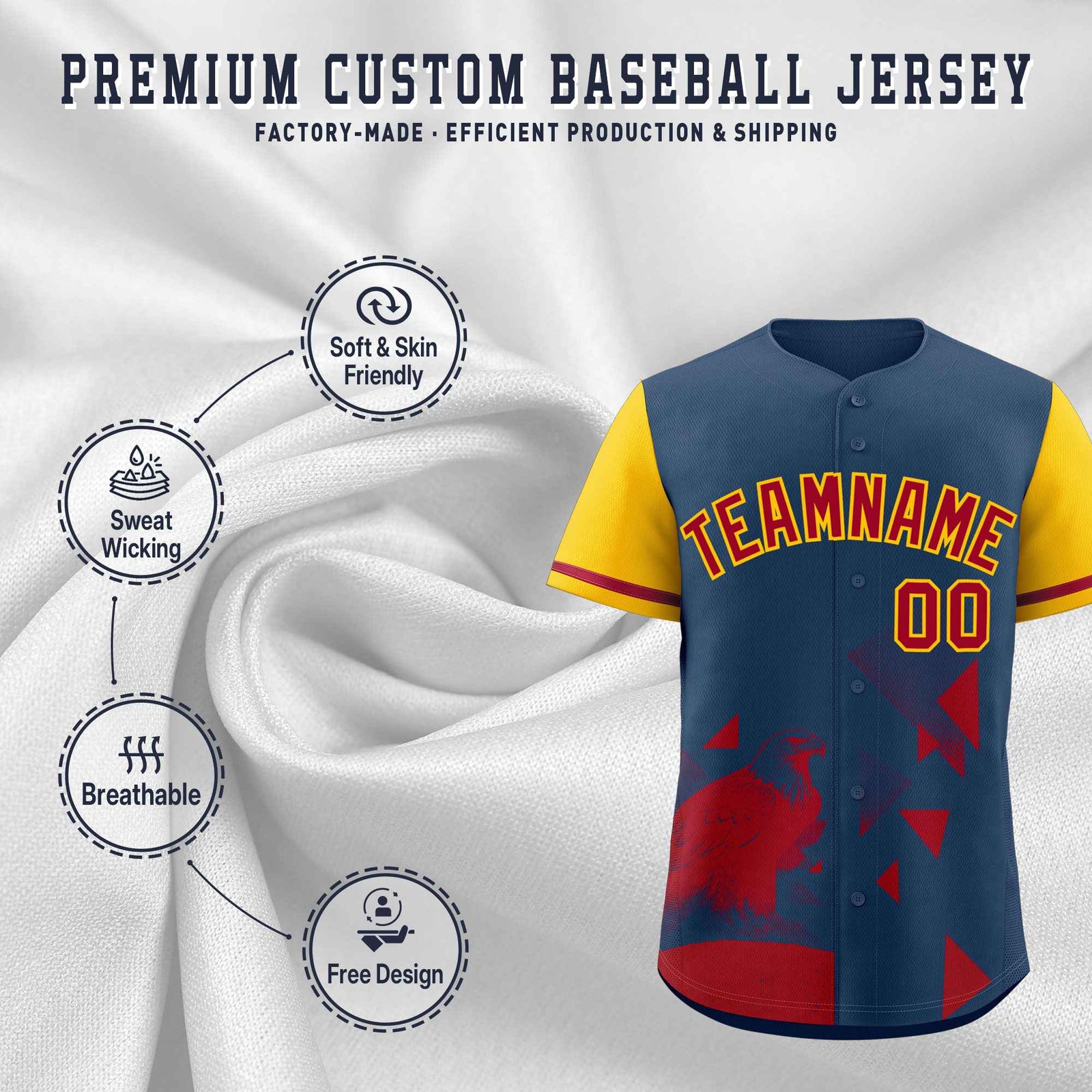 Custom Yellow Midnight Blue Raptor Series Raglan Sleeves Casual Sports Baseball Jersey