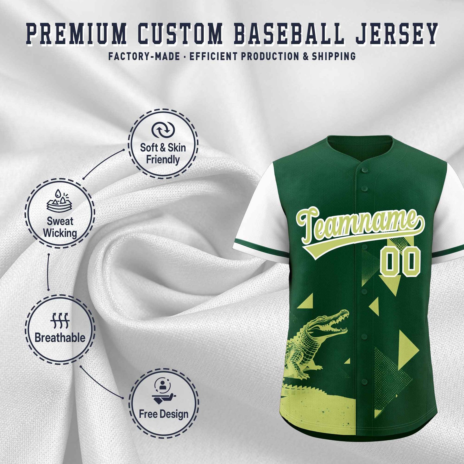 Custom White Green Raptor Series Raglan Sleeves Wrinkle-Resistant Baseball Jersey |KXKSHOP