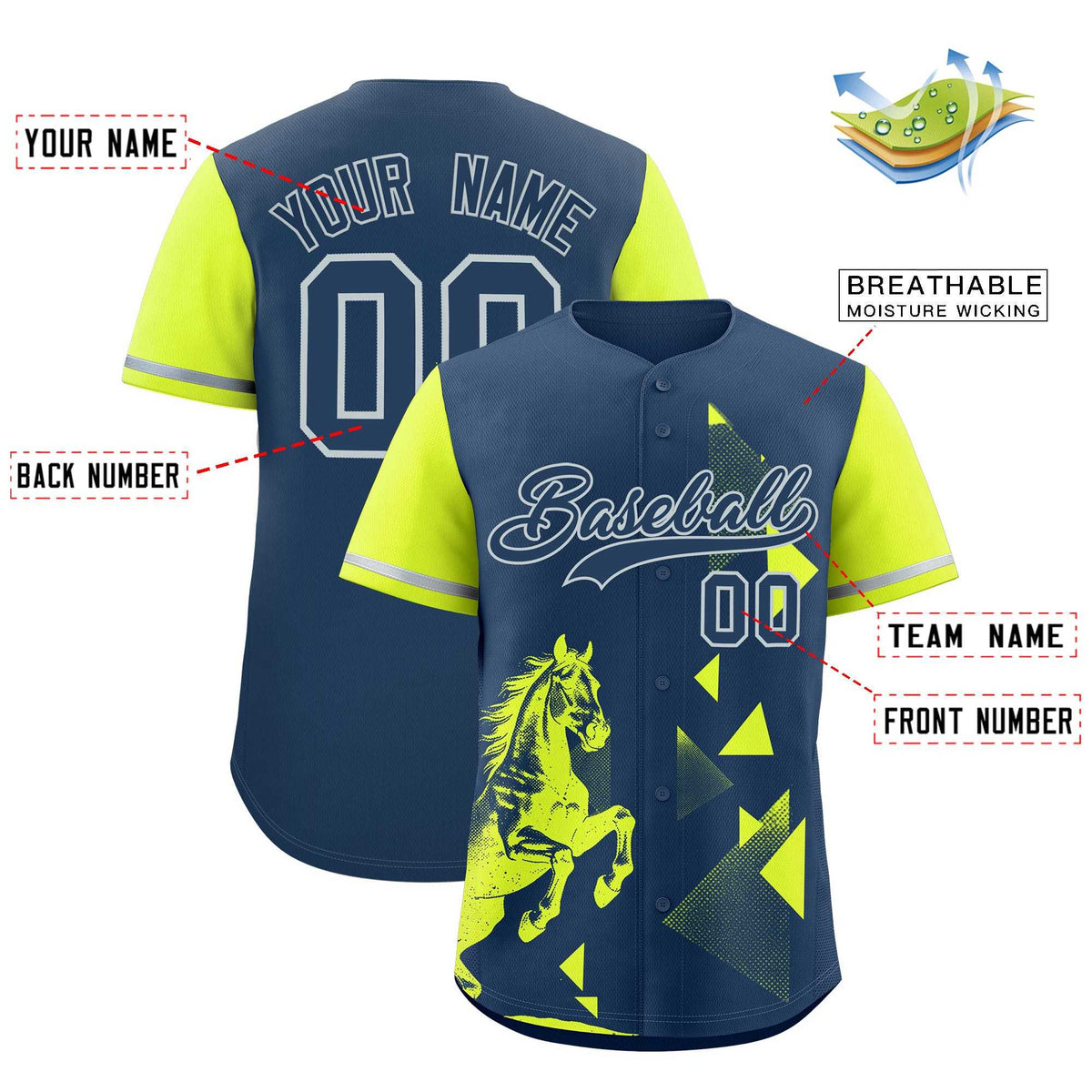 Custom Fluorescent Green Midnight Blue Raptor Series Raglan Sleeves Drapable Baseball Jersey
