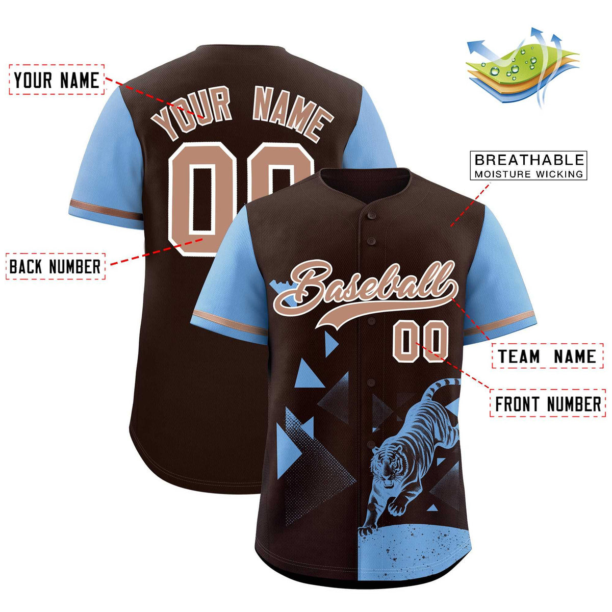 Custom Powder Blue Brown Raptor Series Raglan Sleeves Drapable Baseball Jersey