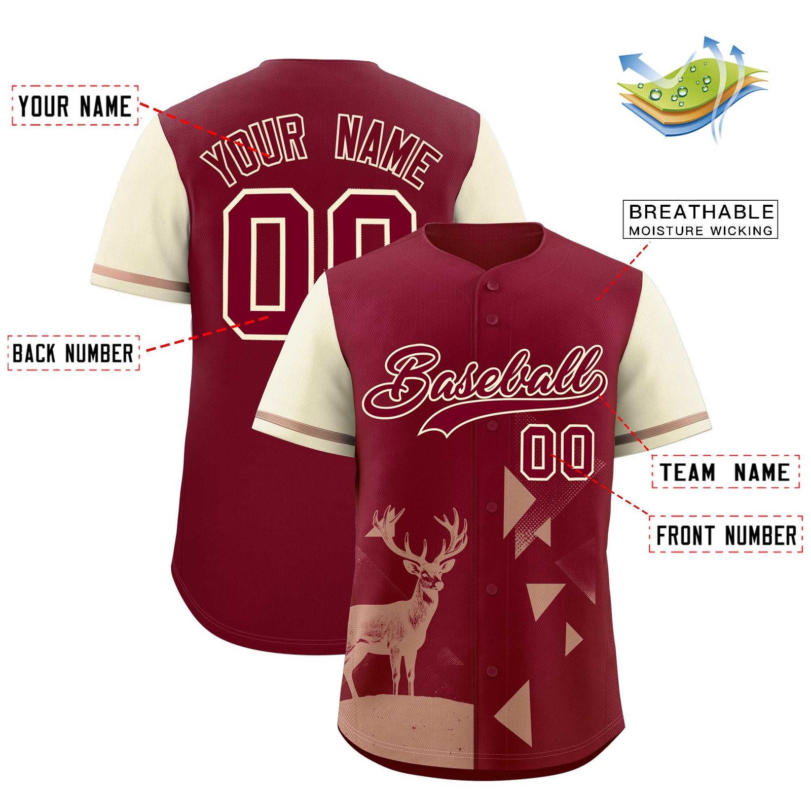 Custom Cream Crimson Raptor Series Raglan Sleeves Urban Style Baseball Jersey