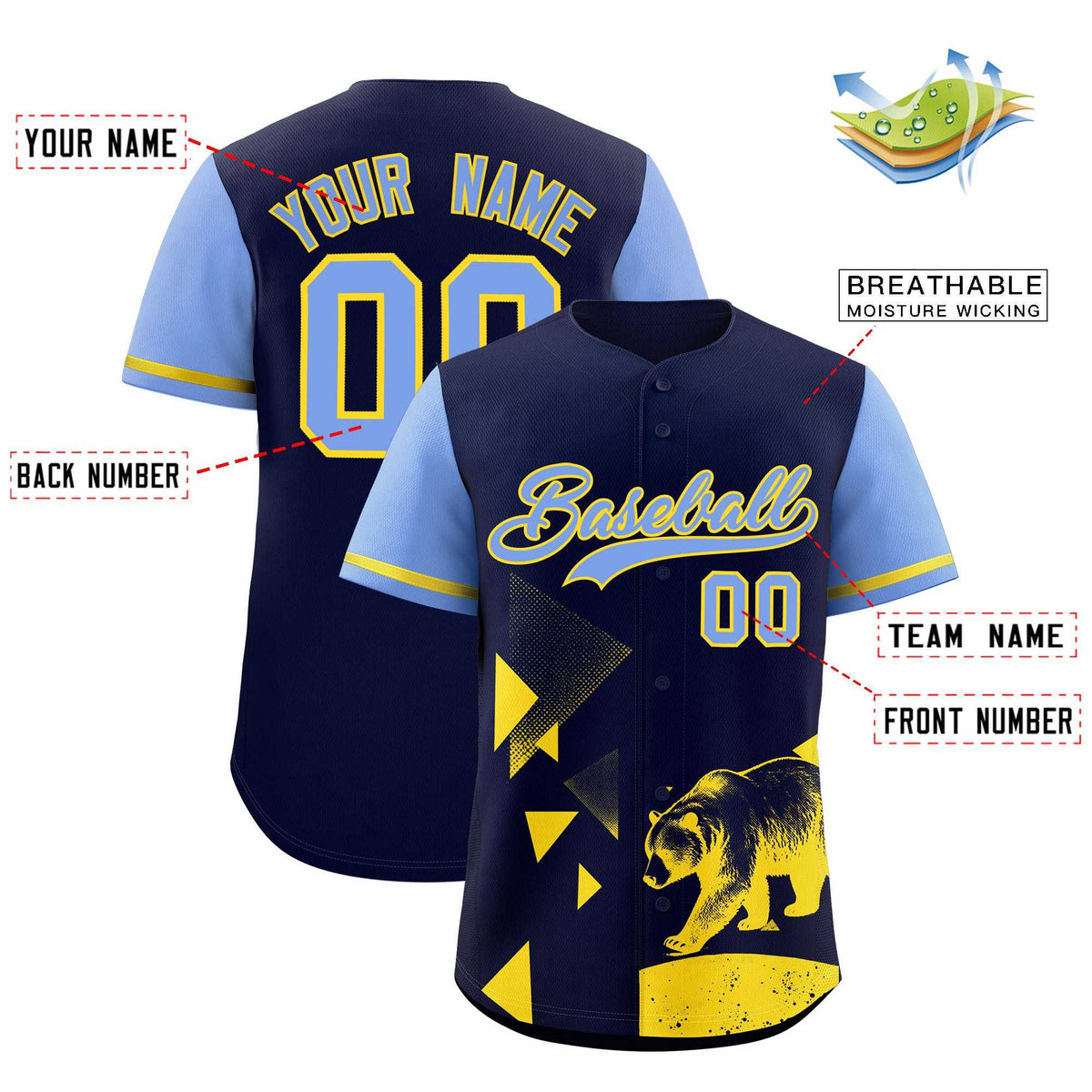 Custom Light Blue Midnight Blue Raptor Series Raglan Sleeves Lightweight Baseball Jersey