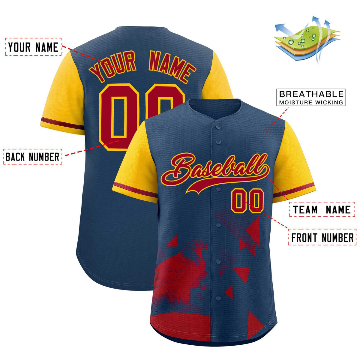 Custom Yellow Midnight Blue Raptor Series Raglan Sleeves Casual Sports Baseball Jersey