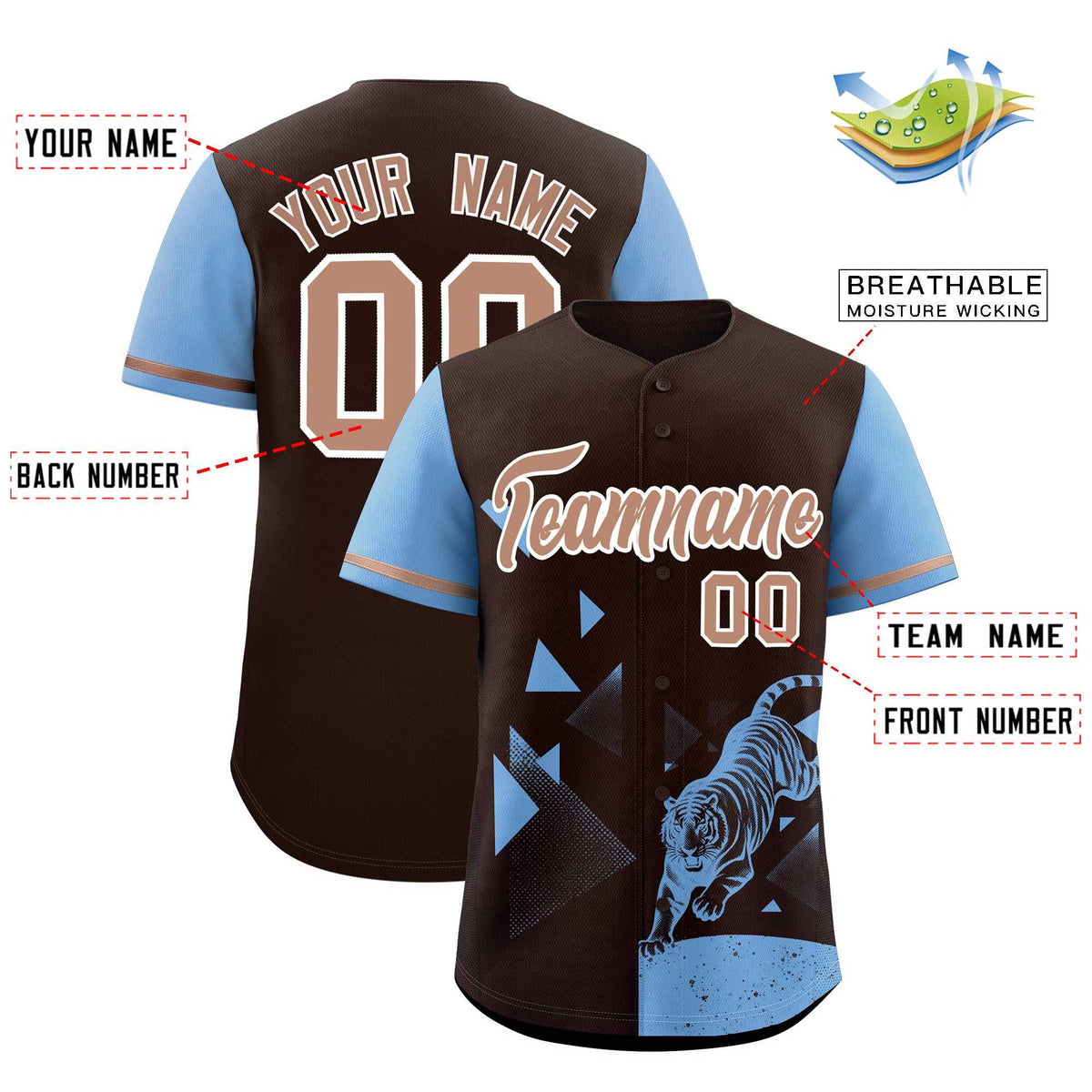 Custom Powder Blue Brown Raptor Series Raglan Sleeves Drapable Baseball Jersey