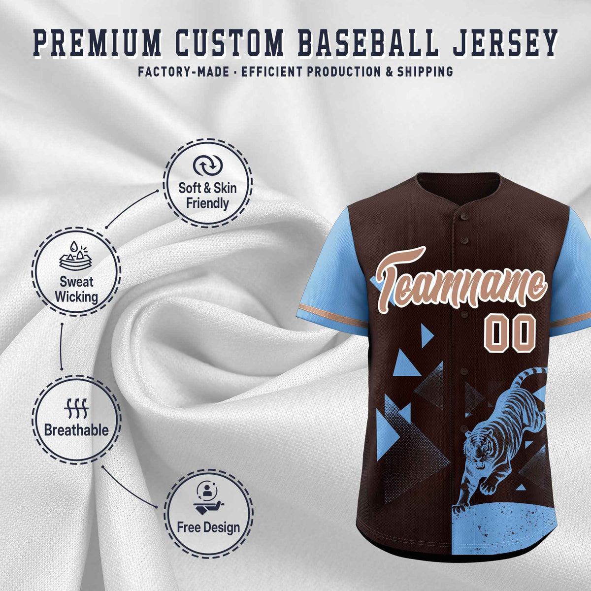 Custom Powder Blue Brown Raptor Series Raglan Sleeves Drapable Baseball Jersey