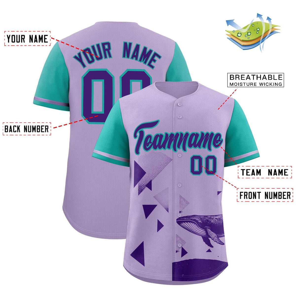 Custom Aqua Light Purple Raptor Series Raglan Sleeves Lightweight Baseball Jersey