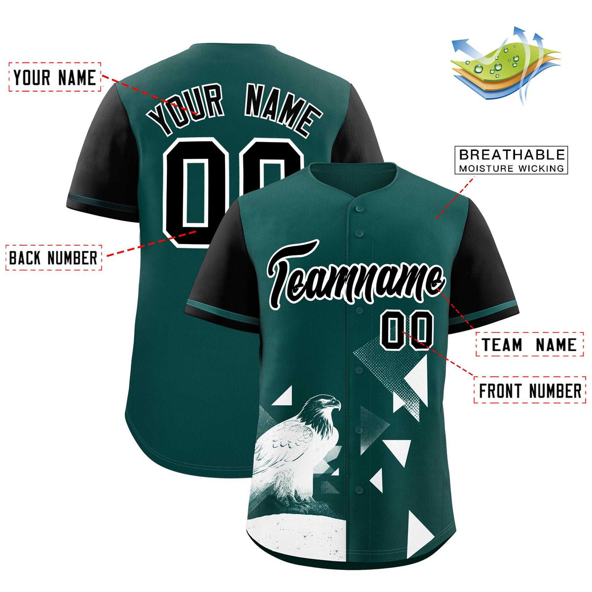 Custom Black Midnight Green Raptor Series Raglan Sleeves Lightweight Baseball Jersey