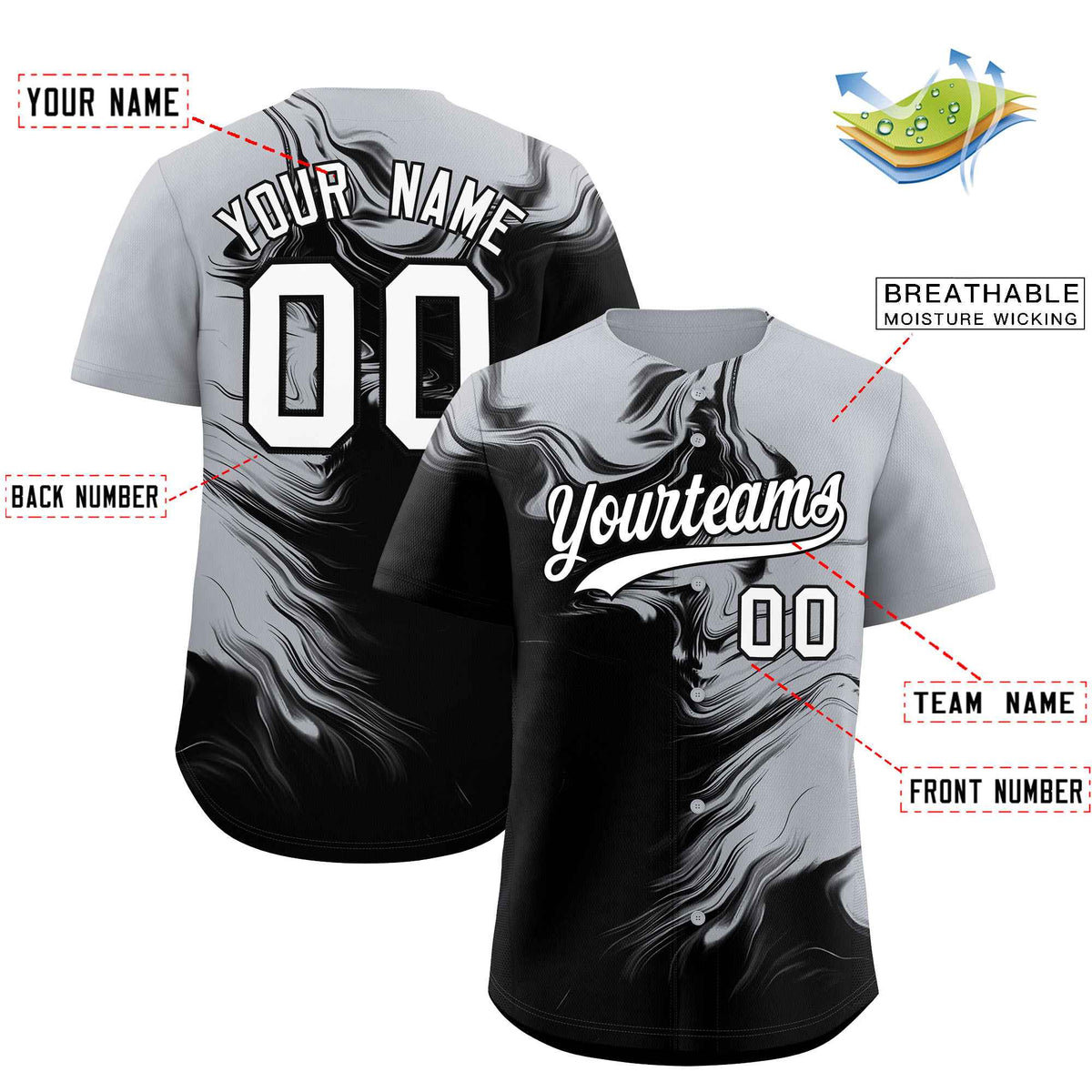 Custom Gray Black Personalized Ink Pattern Authentic Baseball Jersey