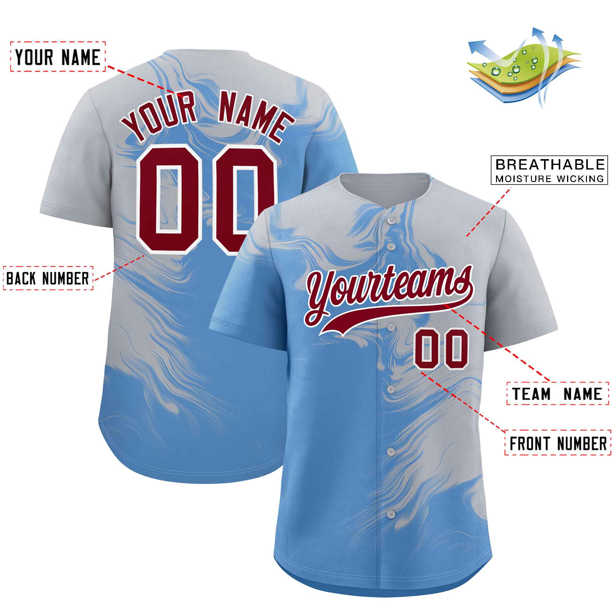 Custom Gray Powder Blue Personalized Ink Pattern Authentic Baseball Jersey