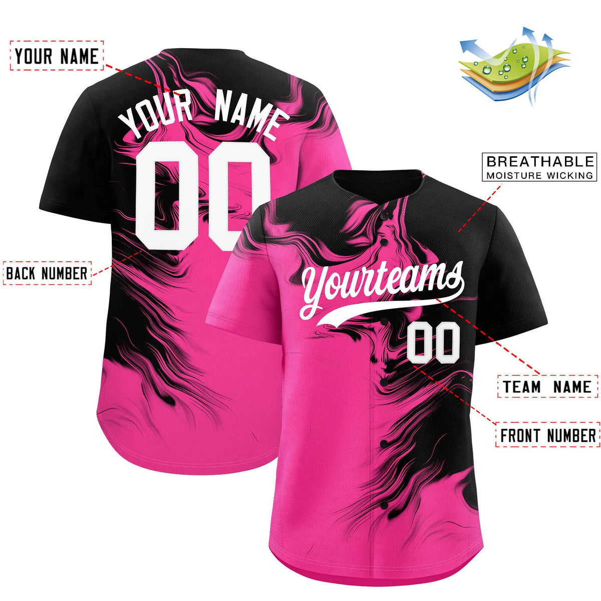 Custom Black Pink Personalized Ink Pattern Authentic Baseball Jersey