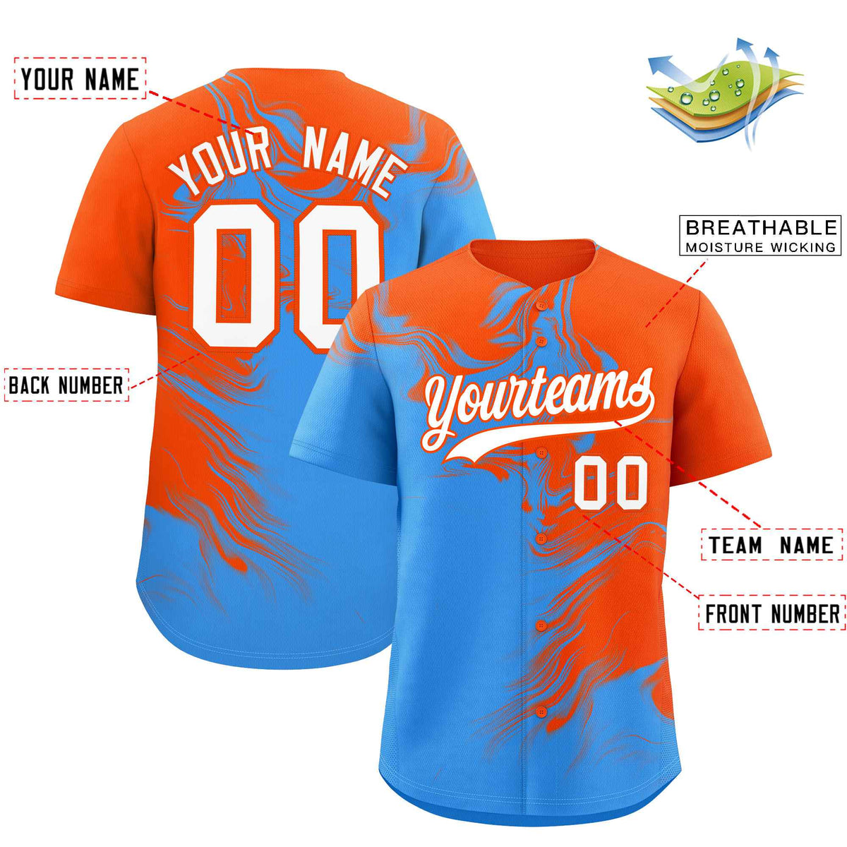Custom Orange Powder Blue Personalized Ink Pattern Authentic Baseball Jersey