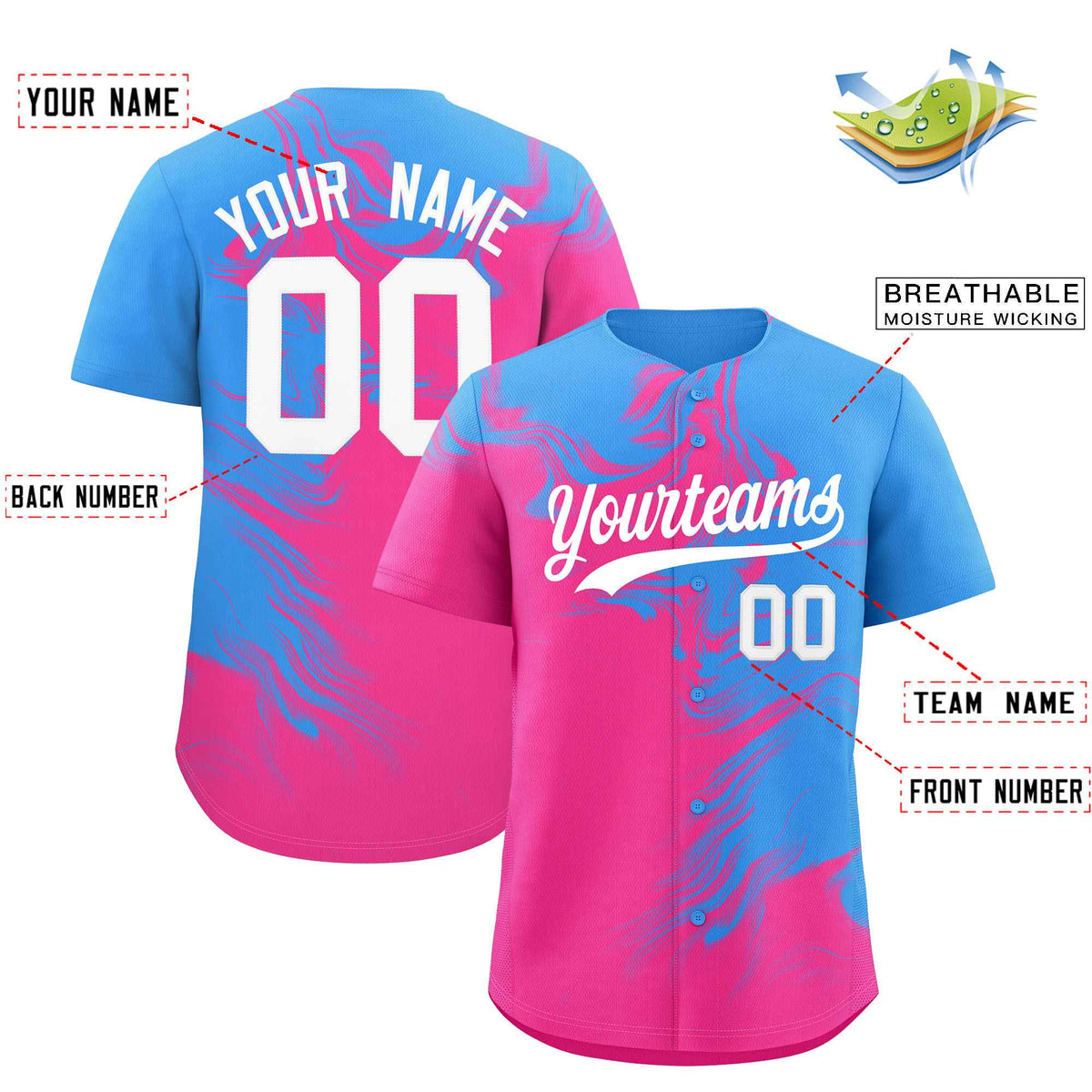 Custom Powder Blue Pink Personalized Ink Pattern Authentic Baseball Jersey