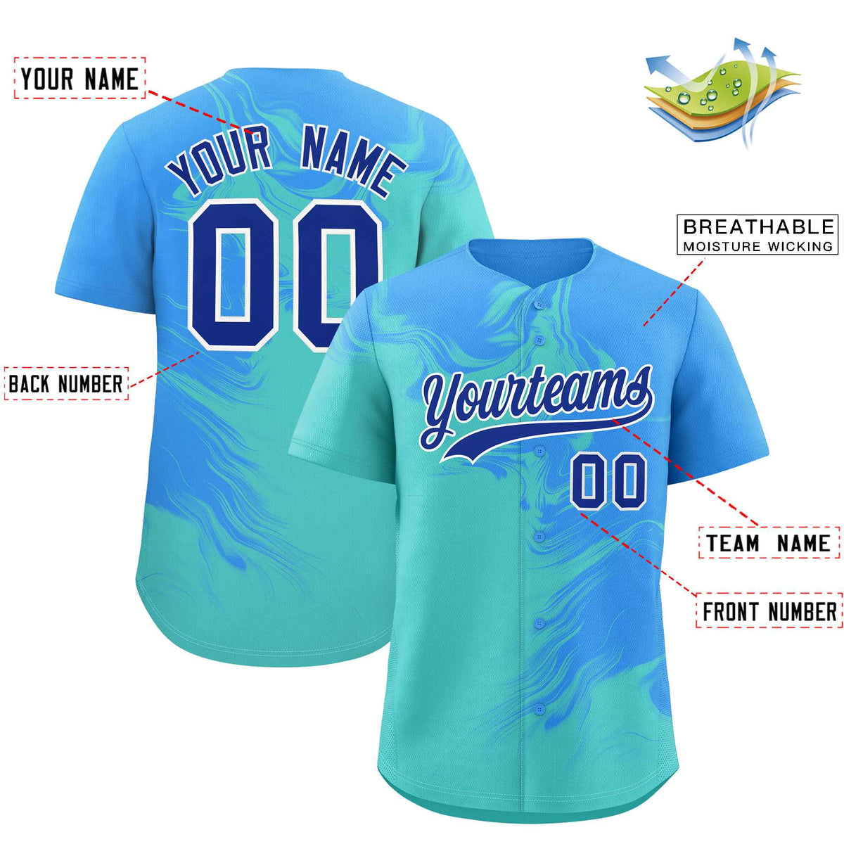 Custom Powder Blue Bright Green Personalized Ink Pattern Authentic Baseball Jersey