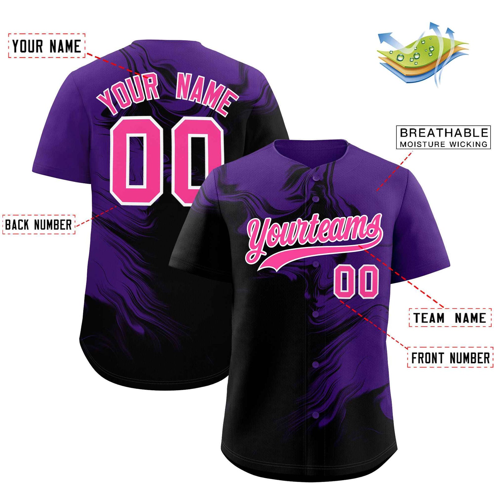 Custom Purple Black Personalized Ink Pattern Authentic Baseball Jersey