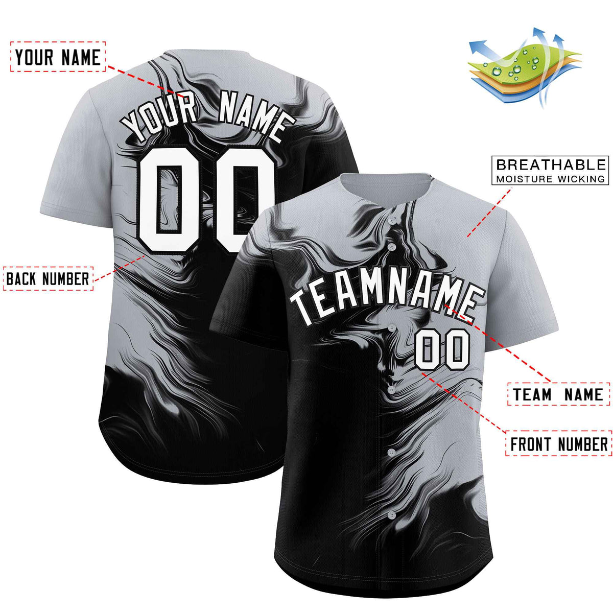 Custom Gray Black Personalized Ink Pattern Authentic Baseball Jersey