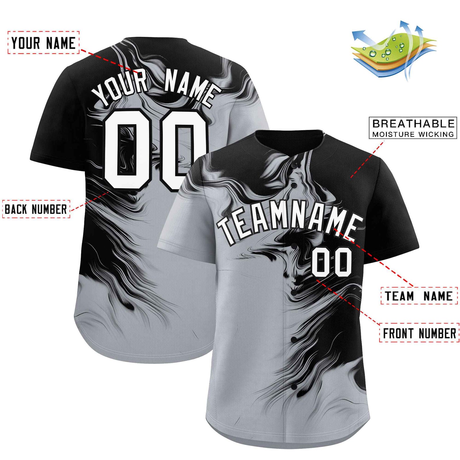 Custom Black Gray Personalized Ink Pattern Authentic Baseball Jersey