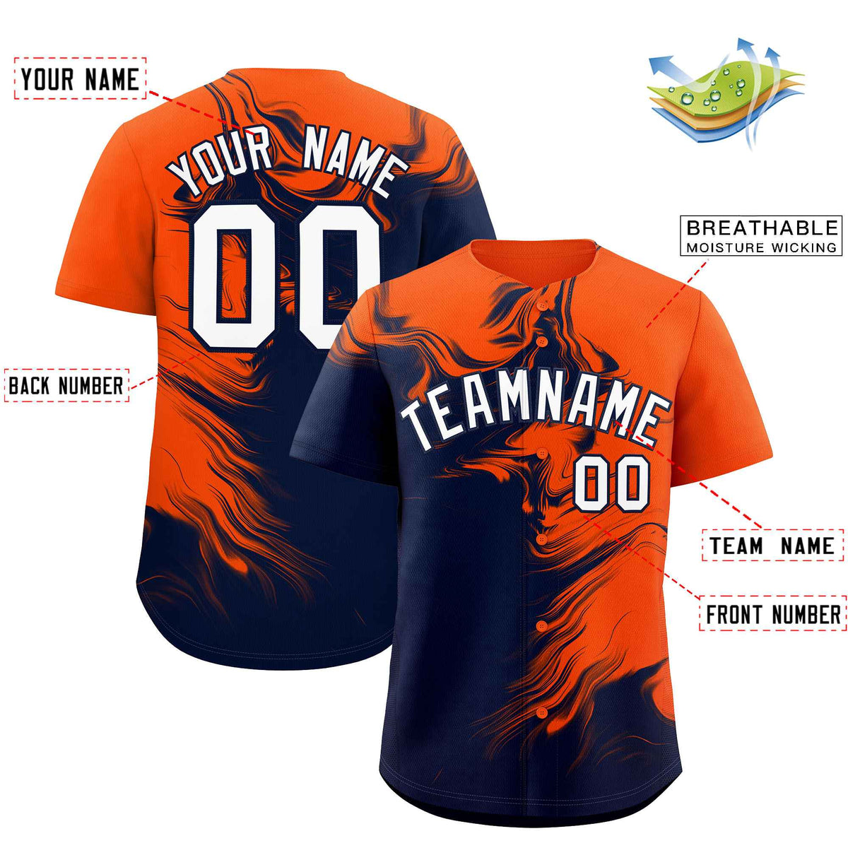 Custom Orange Navy Personalized Ink Pattern Authentic Baseball Jersey