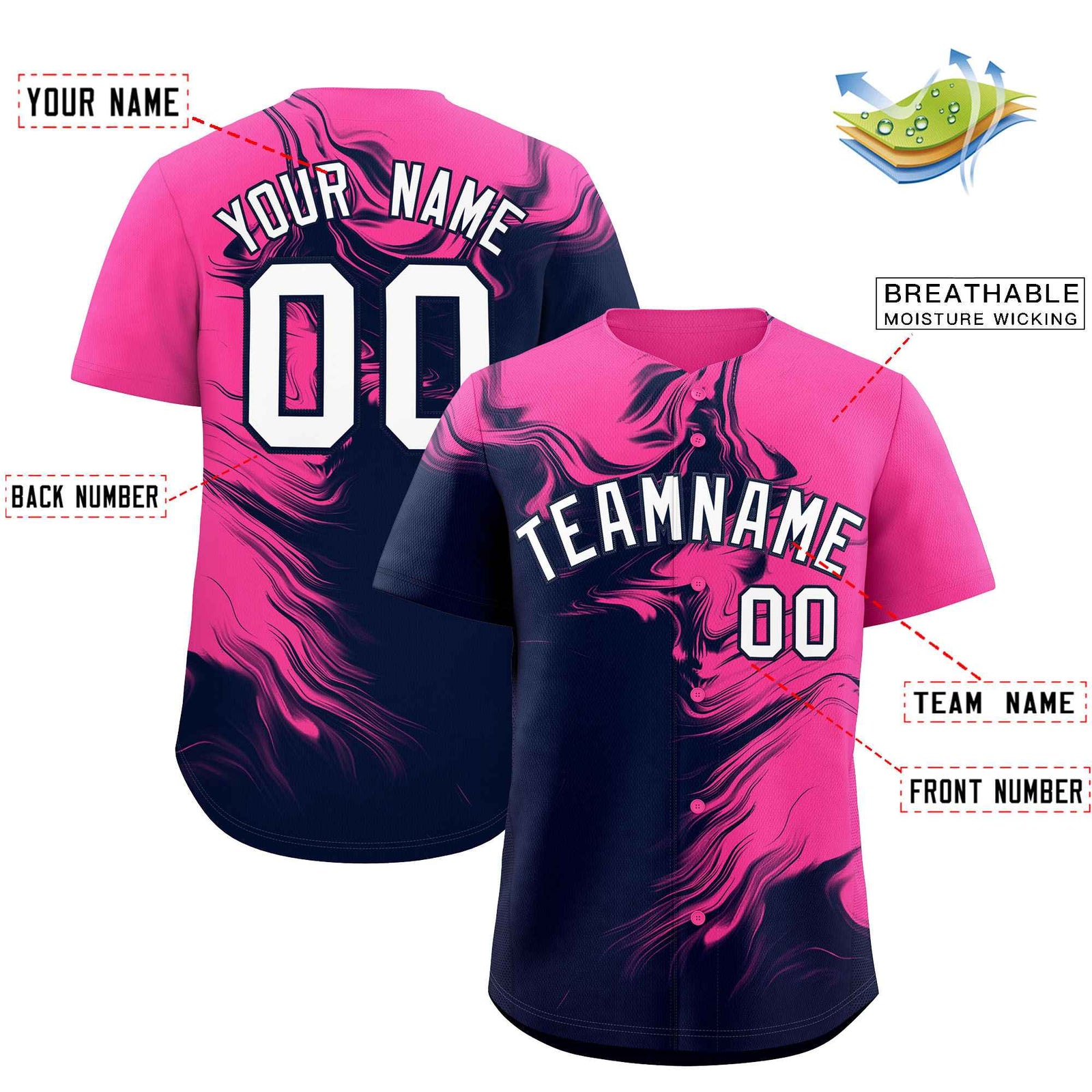 Custom Pink Navy Personalized Ink Pattern Authentic Baseball Jersey