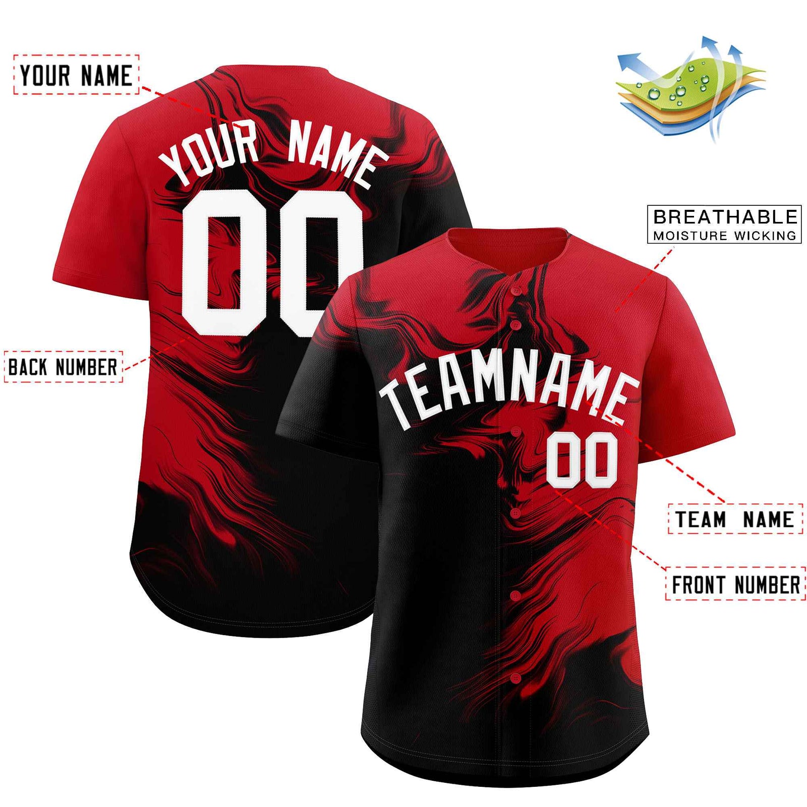 Custom Red Black Personalized Ink Pattern Authentic Baseball Jersey