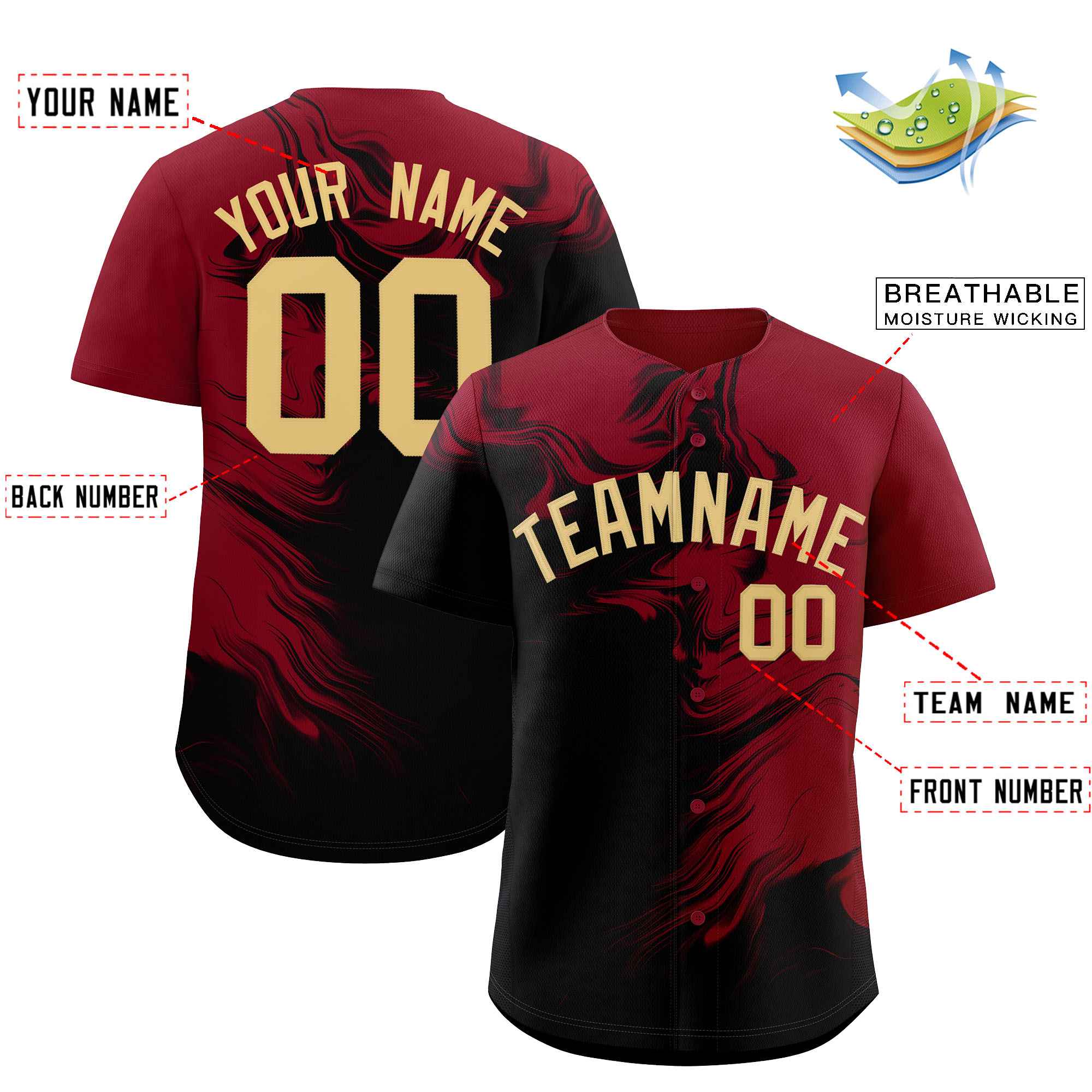 Custom Crimson Black Personalized Ink Pattern Authentic Baseball Jersey
