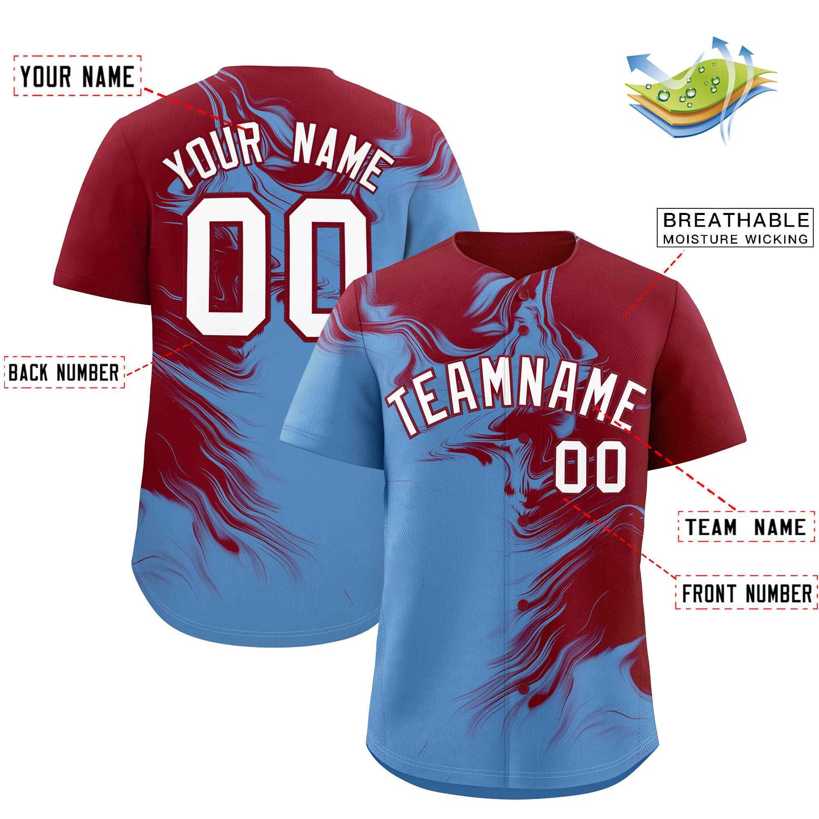 Custom Crimson Powder Blue Personalized Ink Pattern Authentic Baseball Jersey