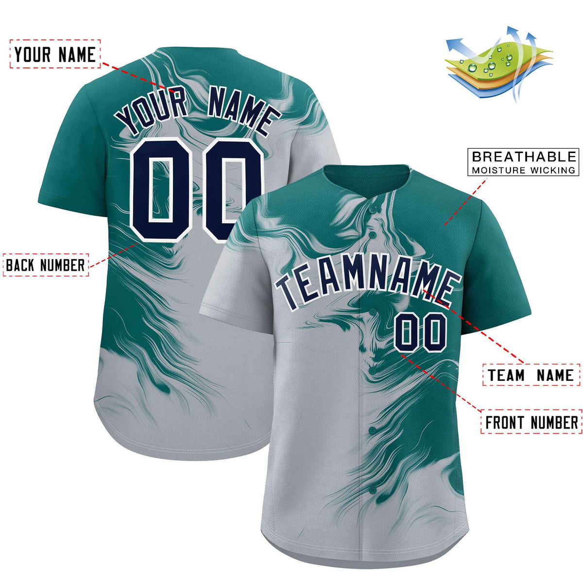Custom Aqua Gray Personalized Ink Pattern Authentic Baseball Jersey
